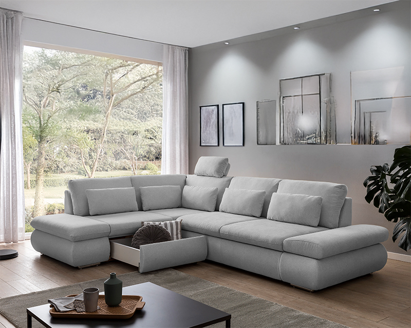 Cosenza sarokgarnitúra fejtámlával jobbos szürke