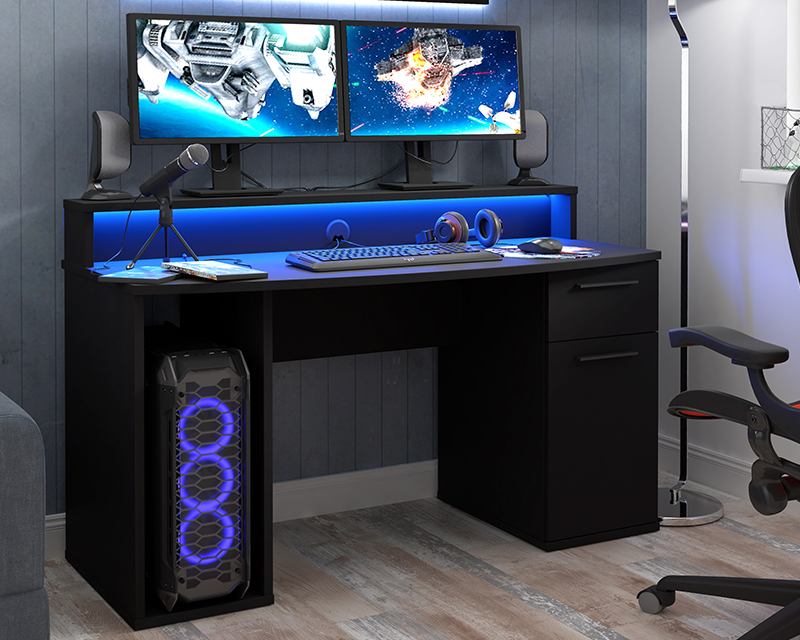 Gamer számítógépasztal + RGB LED világítás matt fekete