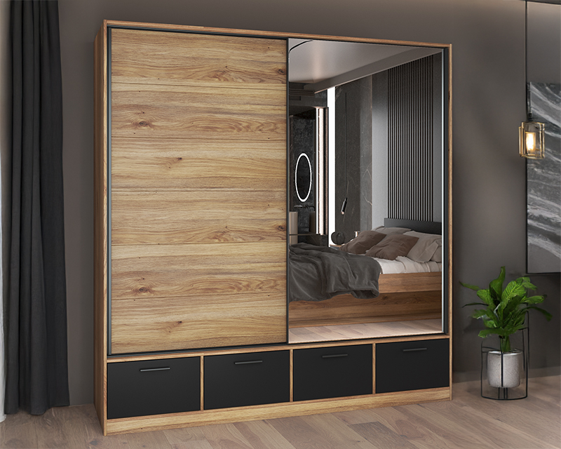 Kendy tolóajtós szekrény 200 mauvella tölgy/tükör