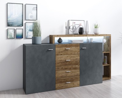 Laura 2 ajtó 4 fiókos komód Apenzell fenyő/Matera szürke