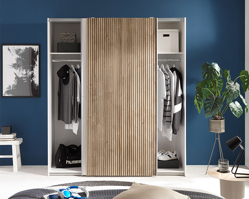 Berlin tolóajtós szekrény fehér / karlstadt tölgy