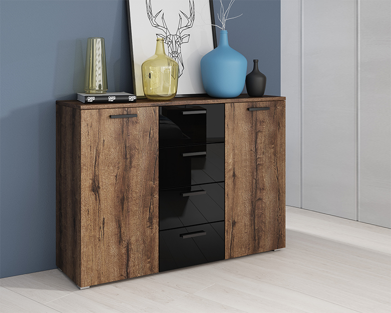 Alex komód öreg tölgy/magasfényű fekete