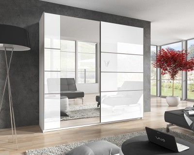 Kendy tolóajtós szekrény fehér / magasfényű fehér / tükör 200