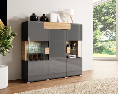 Sevilla 3A1F vitrines magas komód anthrazit/grandson tölgy