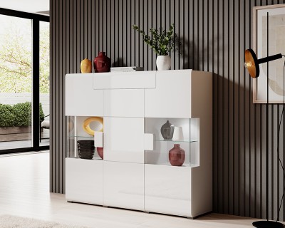 Sevilla 3A1F vitrines magas komód fehér/f fehér