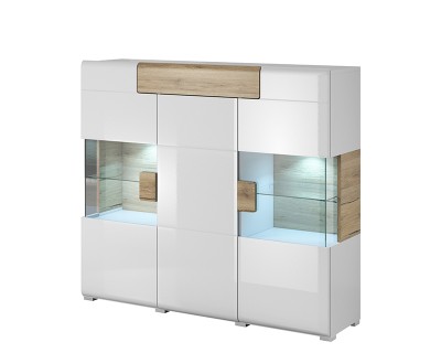 Sevilla 3A1F vitrines magas komód fehér/san remo